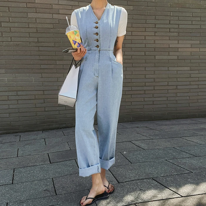 

Retro High-Waisted Loose-Fit Denim Overalls Women's Svel Elastic Waist Slimming kets Straight Leg Long Pants