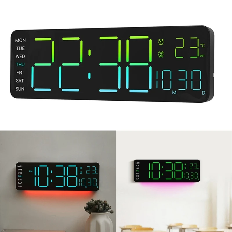 

Multicolor LED Digital Wall Clock With Automatic Brightness Adjustment Displays Time Date Temperature For Home Office 37JD