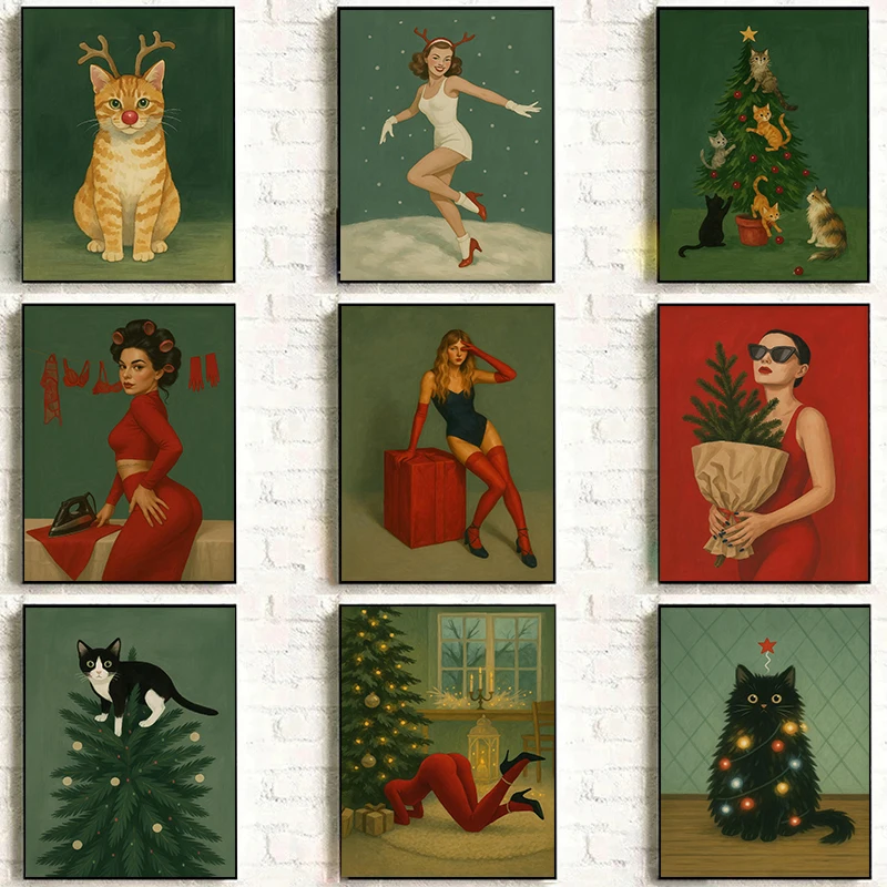 1PC--Minimalist Female Christmas Abstract Theme Green Background Poster Vintage Bold Feminine Canvas Paintings Wall Art Home