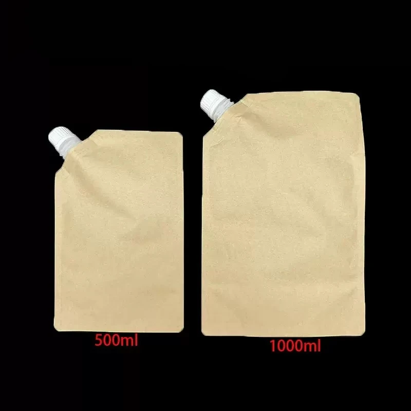 50pcs 500ml/1000ml Kraft Paper Drink Liquid Packaging Nozzle Bags for Beer Juice Beverage Storage Sealed Stand Up Reusable Pouch