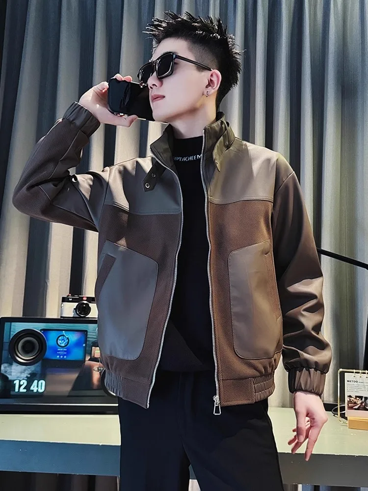 Collar Casual Jacket for Men Motorcycle Coats Spring Autumn Brand Stand Collar Top Zipper High-End Trendy Splice Leather Jaet