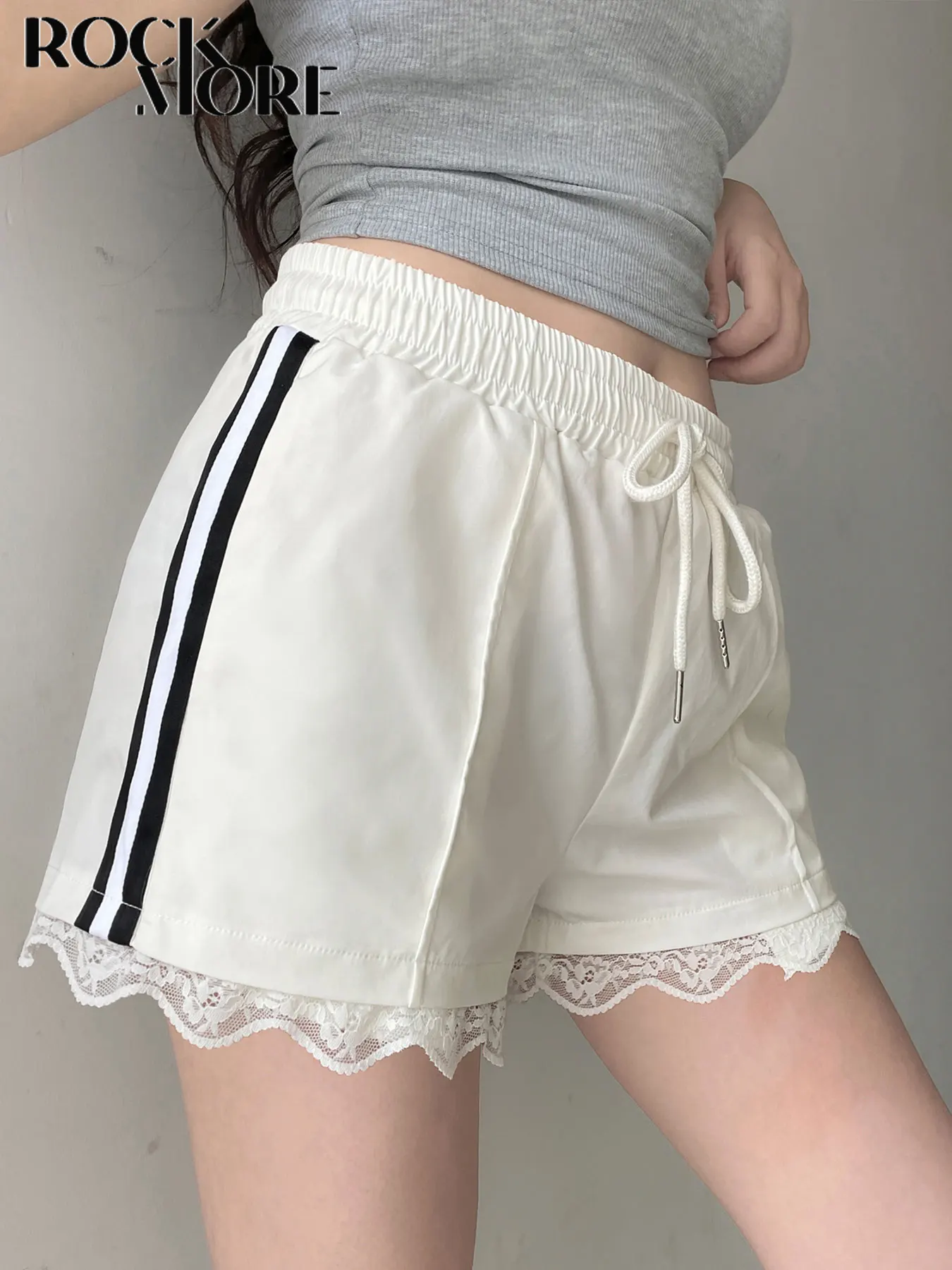 

Rockmore Y2k Streetwear Drawstring Side Striped Lace Shorts Korean Patchwork Loose-fit Casual Shorts For Women All-match Bottoms