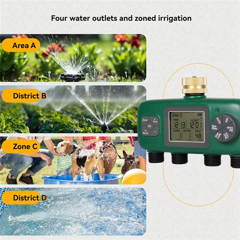 

【Вспышка!】Водный таймер, латунная впускная поворотная ручка управления с ЖК-экраном, задержка дождя, замок от детей, садовый спринклер