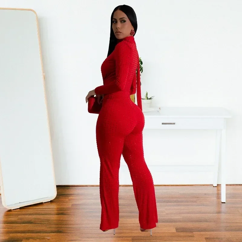 KEXU 2025 Tute da donna con scollo a V a maniche lunghe Pagliaccetti con strass Shinny One Piece Abiti da festa sexy per night club con sciarpa