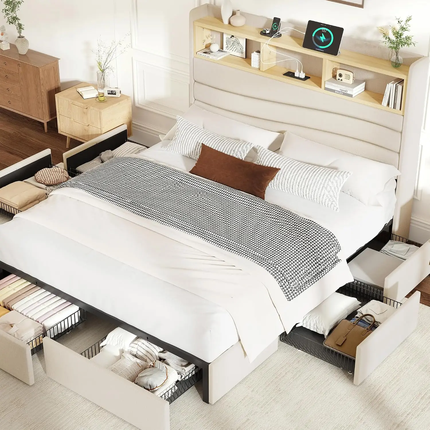Queen Bed Frame 6 Drawers Wave Headboard Linen Upholstered Charging Station No Box Spring Easy Assembly, Customized