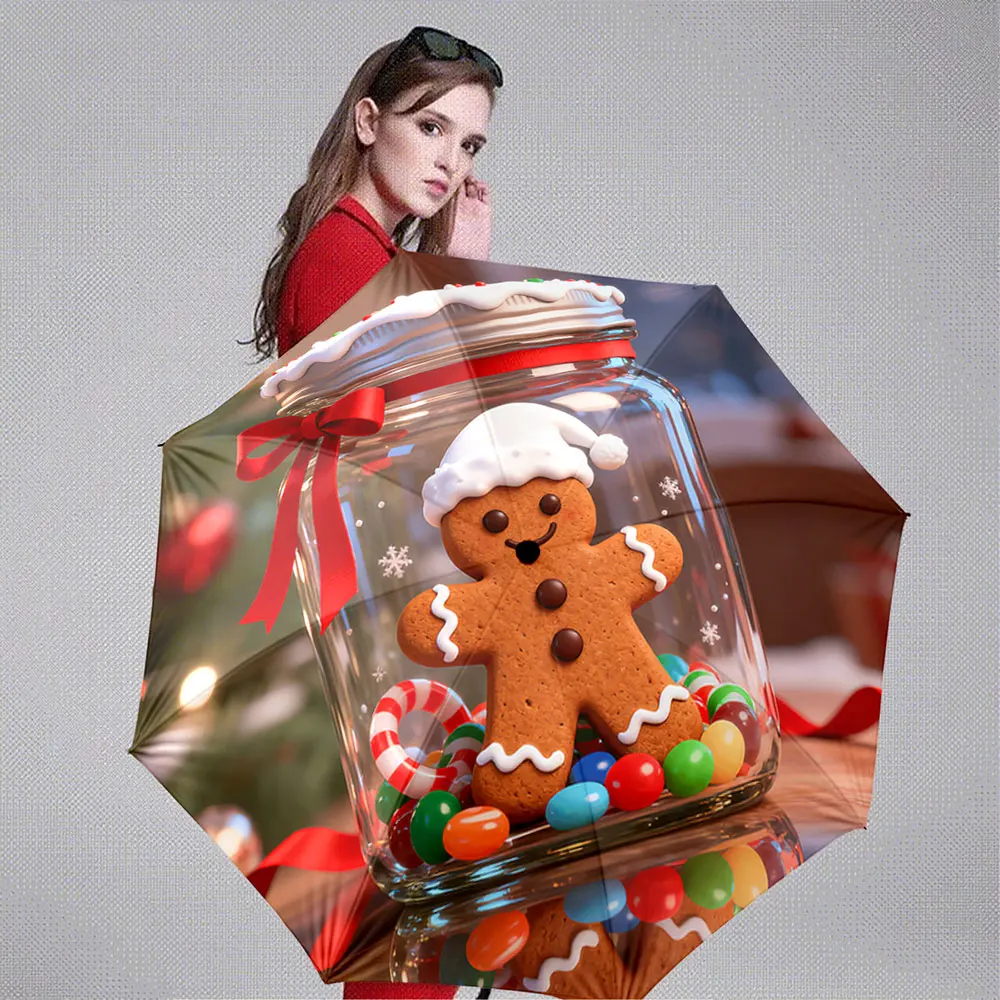 Christmas Gingerbread Man in Festive Candy Jar Design ,Portable Folding Umbrella, Gift for Family Friends