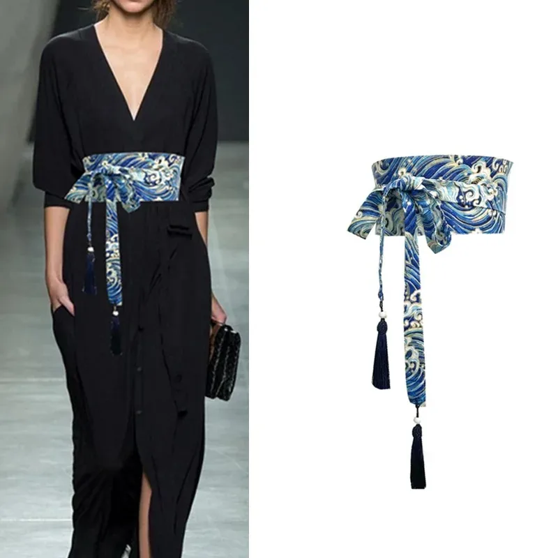 Japanse Kimono Riem Yukata Crane Haori Obi Taille Riemen Kwastje Vrouwen Corset Riem Golfpatroon Brede Riem