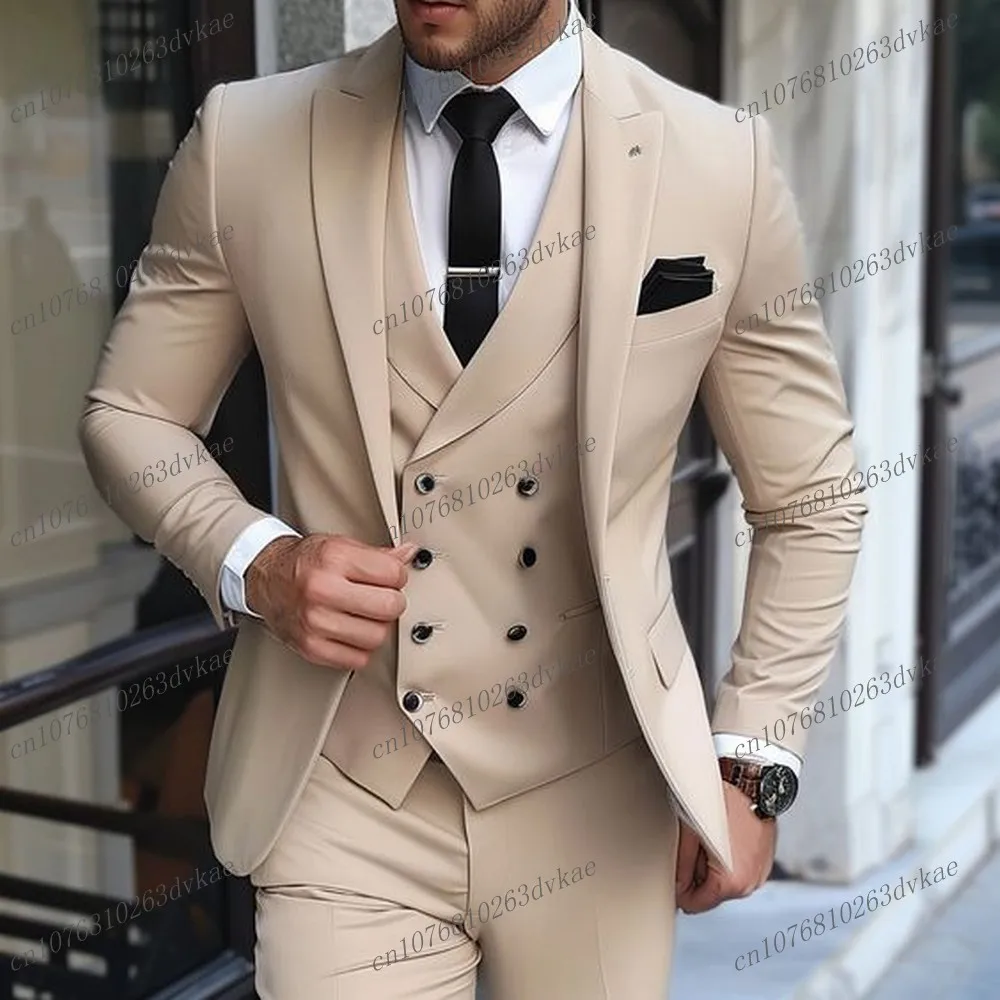 

New Male Beige Business Suit Groom Groomsman Wedding Party Prom Formal Occasion Men Tuxedos 3 Piece Set Blazer Vest Pants