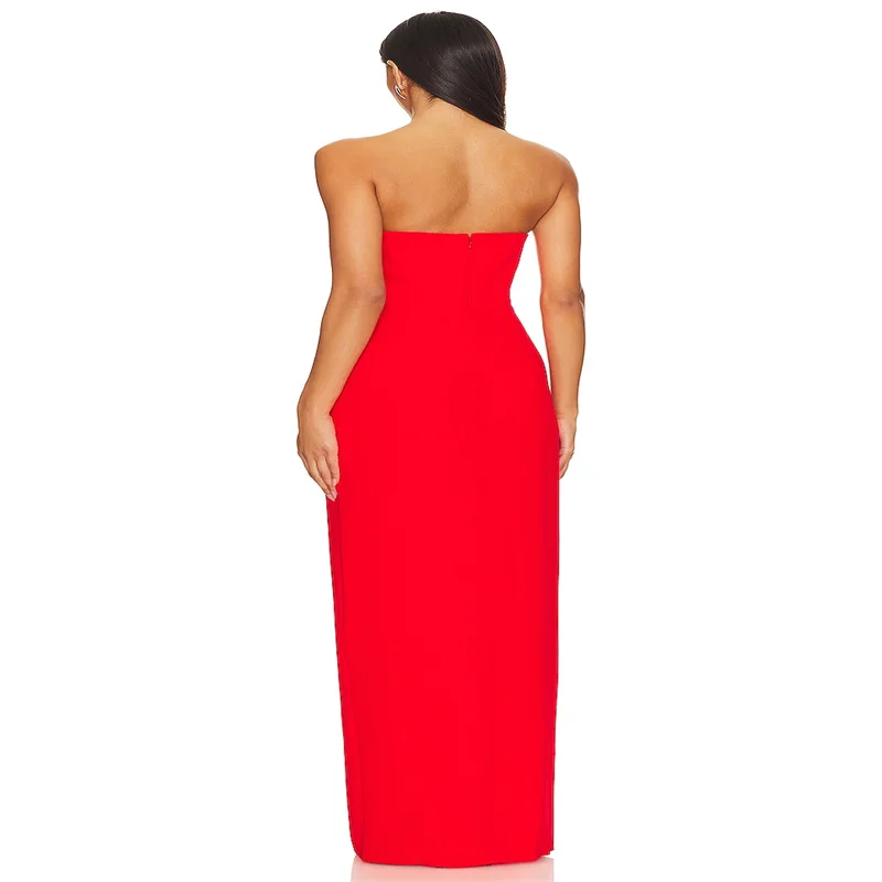 Red Strapless Party Dresses Straight Sexy Floor Lenght  Girls Elegant Dresses Sleeveless Elegant  Formal Dresses with Flowers