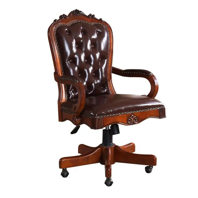 American leather swivel chair European solid wood boss chair can be lifted and rotated luxury engraved business office