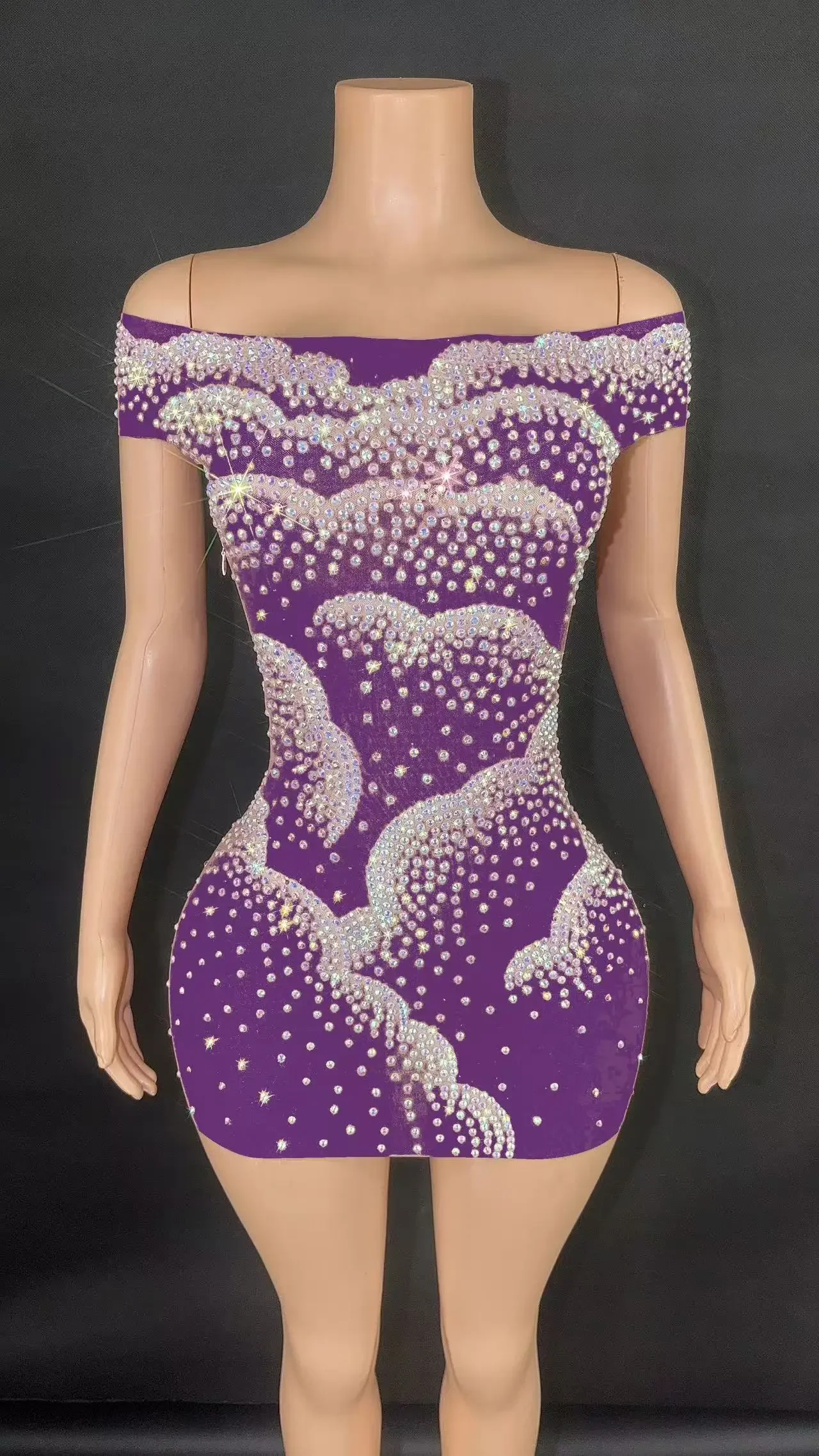 Sexy Mesh See Through Bodycon Mini Dress with Sparking Diamonds Crystal Women Birthday Party Celebrate Performance Costume