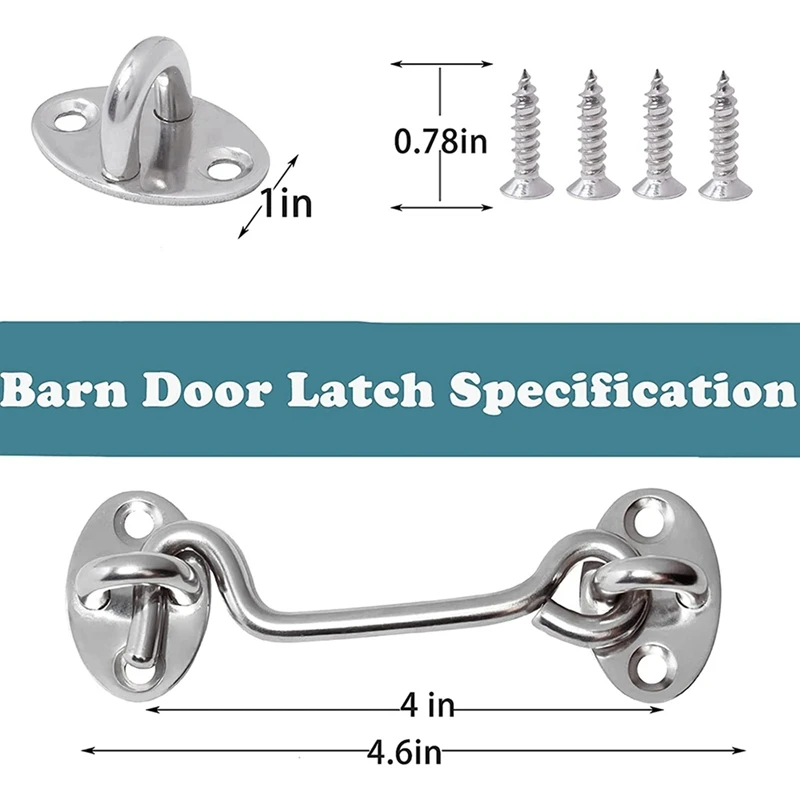 3Pcs Barn Door Latch Door Lock Hardware,4-Inch Sliding Door Lock Eye Hook Latch With Screws,Stainless Steel Gate Latch