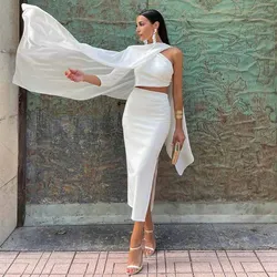 2025 Elegant Women's Evening Ball Gowns Chiffon Sheath/Column Cocktail Party Dress White One-shoulder Shawl Side Split Prom Gown