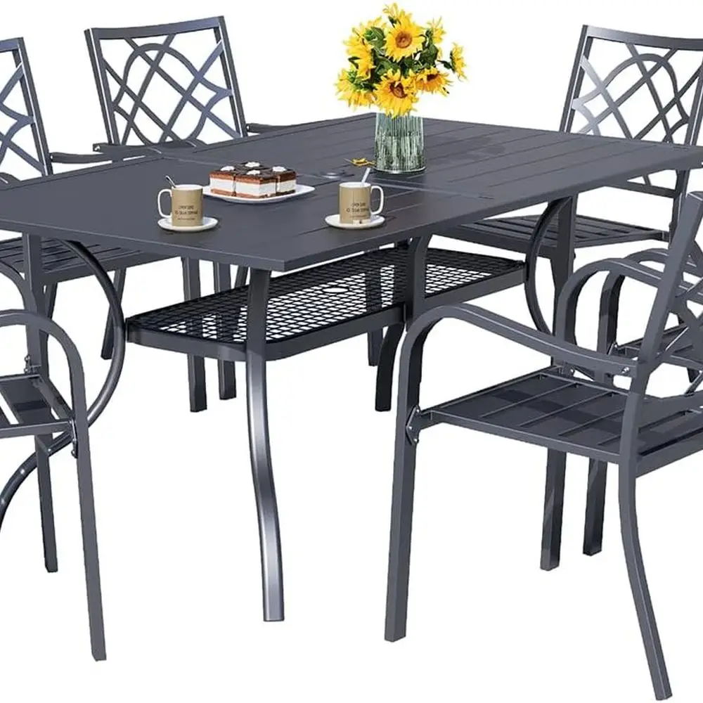 

Black Metal Outdoor Patio Dining Set with 6 Stackable Chairs and 60x37 Rectangular Table