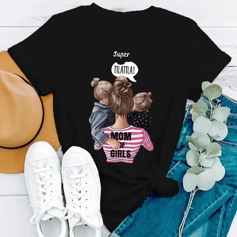 Camiseta gráfica dos desenhos animados femininos, Super mamãe, roupas fofas para mamãe, tops femininos, roupas femininas, T-shirt, impressão, algodão, 2024