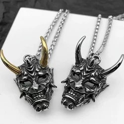 Vintage Punk Ghost Skull Mask Pendant Necklace Gothic Oni Samurai Golden/Silver Color Horn Horror Halloween Necklaces Jewelry