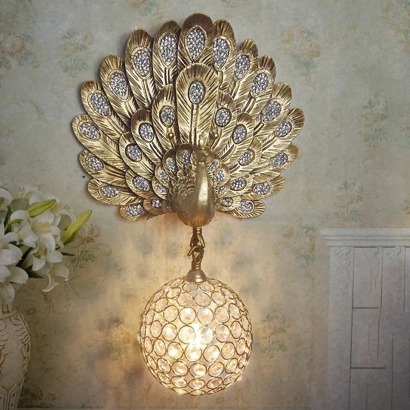 Modern Golden Peacock E14 LED Bulb Wall Sconce Lamp Dia 150mm Crystal Ball Home Deco Aisle Wall Light Fixture Surface Mounted