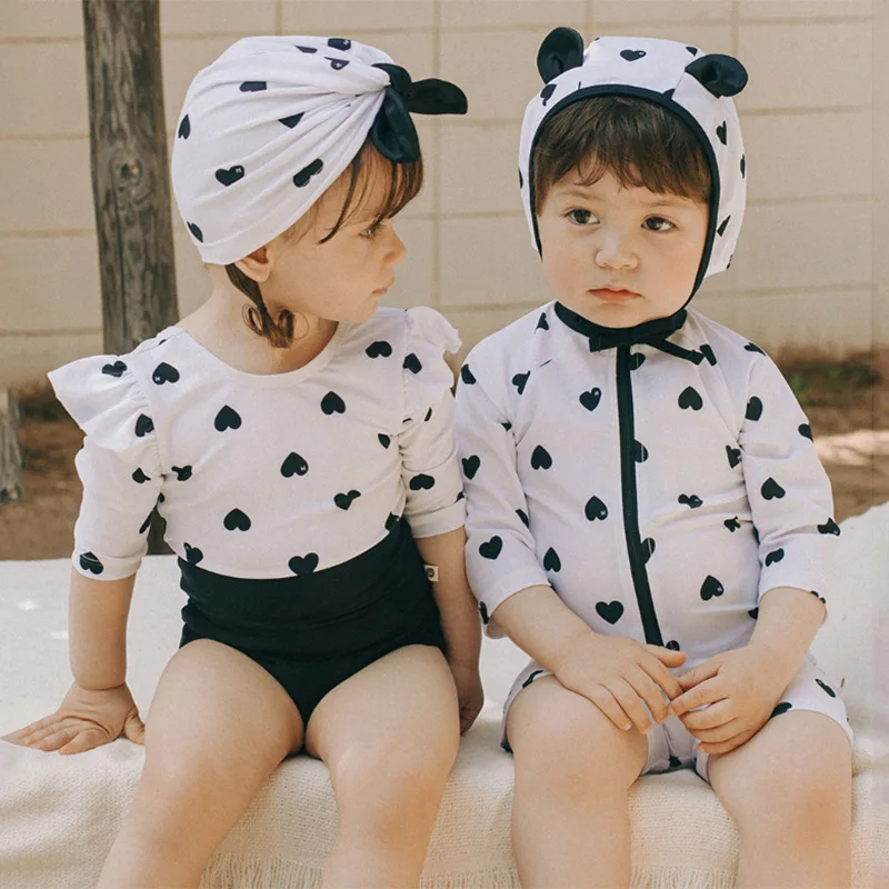 Boys Girls Bathing Suit Children One-piece Swimsuit Bikini Black White Quick Drying Sun-proof Swimming Clothes Swimwear with Hat