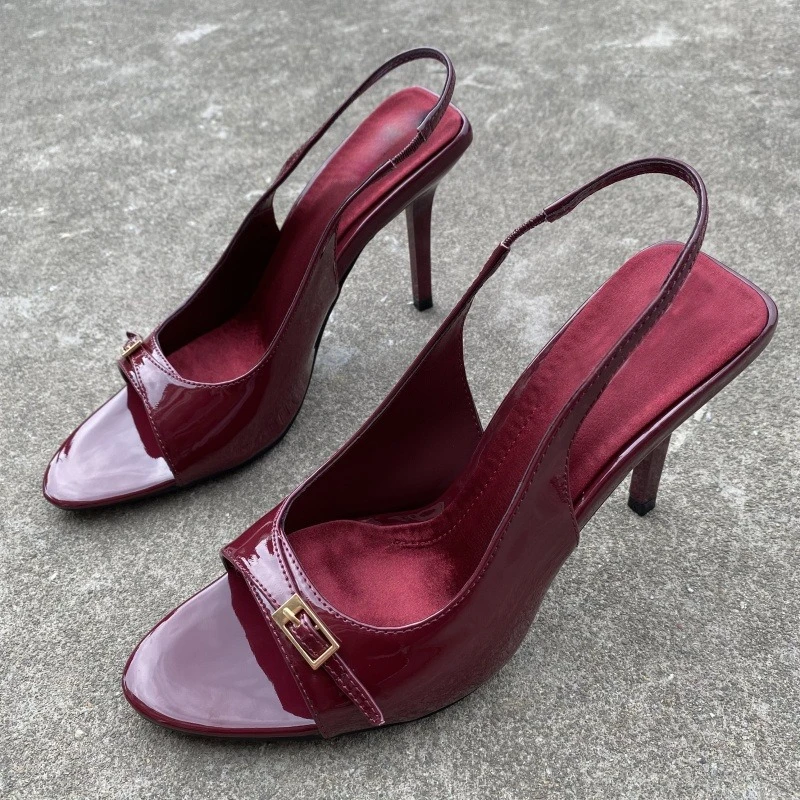 Sexy Red Patent Leather High Heels Women Summer Luxury Designer Metal Buckle Belt Back Strap Designer Sandals Sandalias Mujer