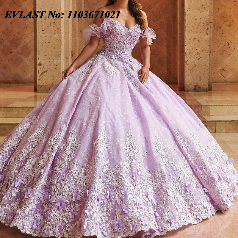 EVLAST-vestido De quinceañera con hombros descubiertos, traje De princesa Lila, Apliques De encaje con cuentas escalonadas, dulce 16, años XV, SQ311