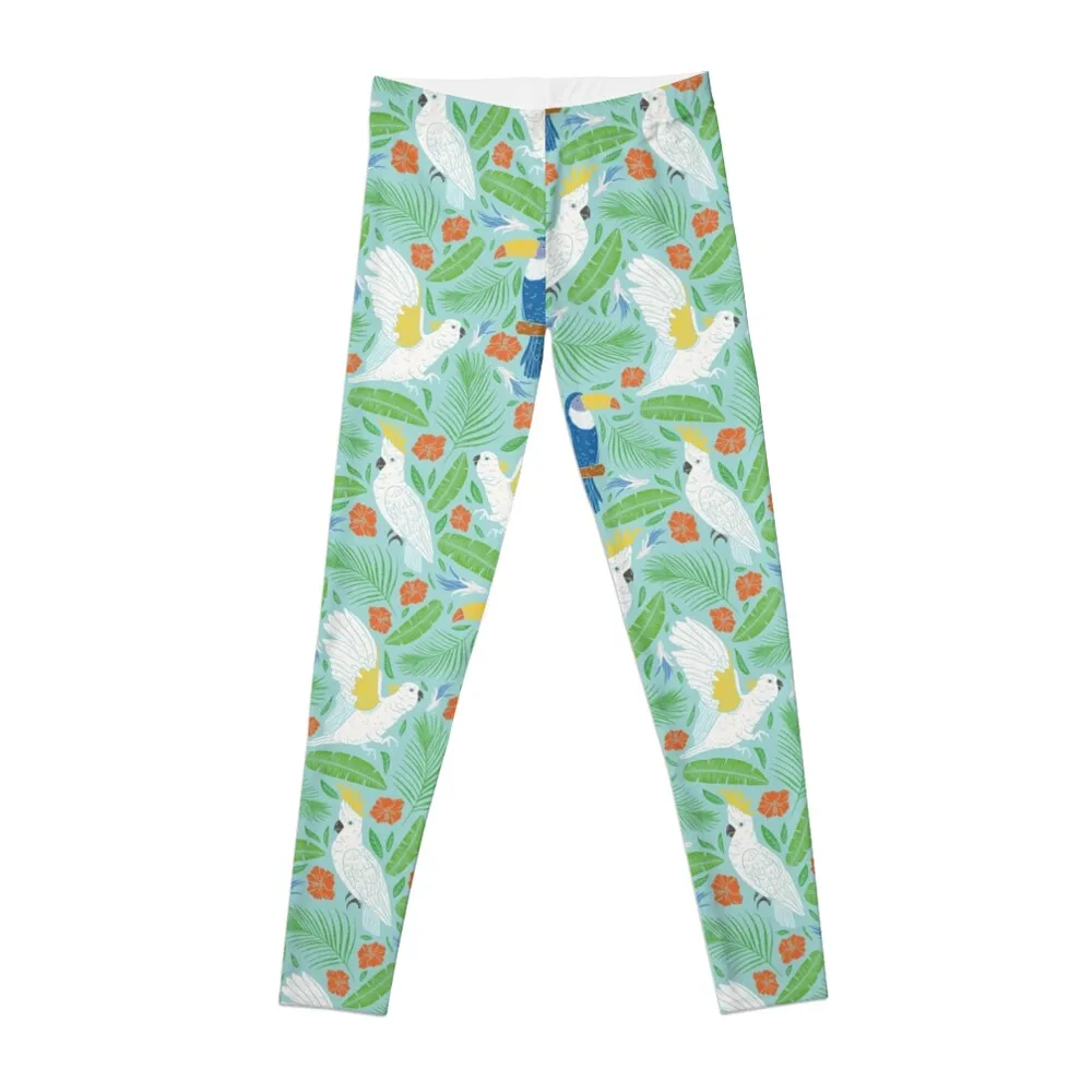 Blue toucan with white cockatoo amoung tropical flowers and leaves Leggings Pants sport Womens Leggings