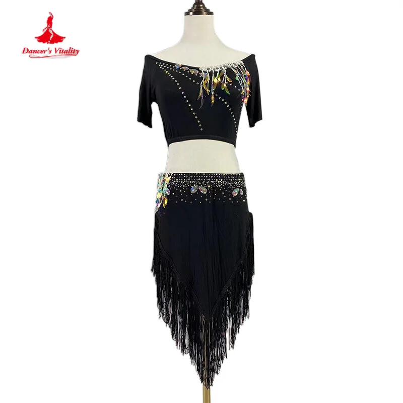 

Belly Dancer Costumes Women Customsized Modal Short Sleeves Top+tassel Short Skirt 2pcs Female Children Oriental Dancing Outfit