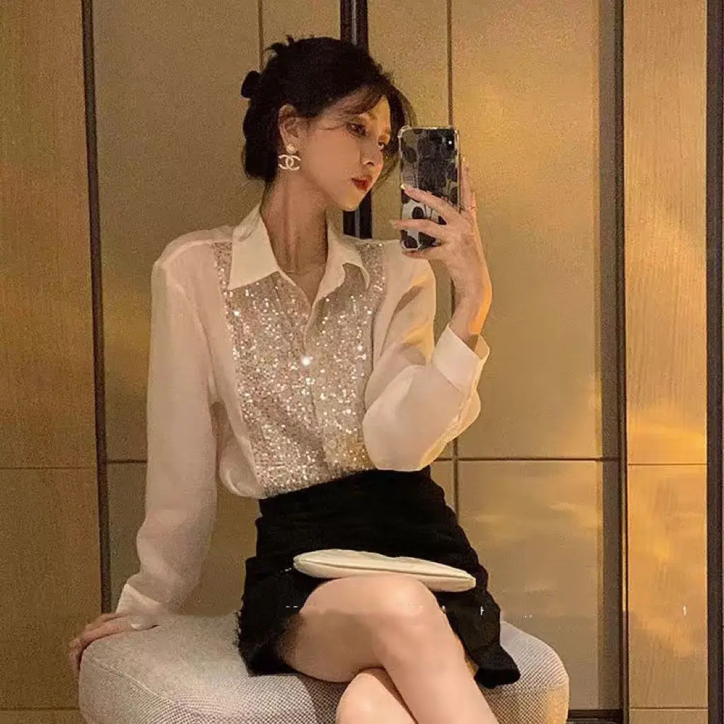 Shirts High Quality French Elegant Women Sequins Fashion Simple All-Match Leisure Tender Loose Design Cozy Turn-Down Collar Tops