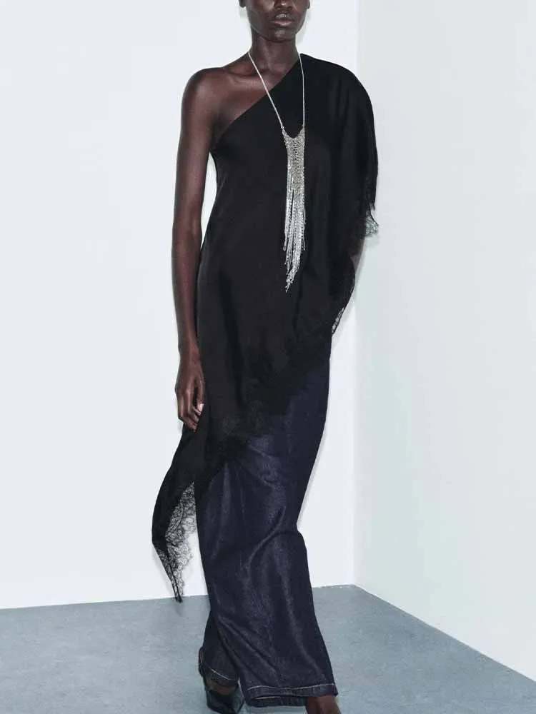 

European and American style winter new arrivals fashionable and trendy women's clothing, versatile asymmetrical lace top