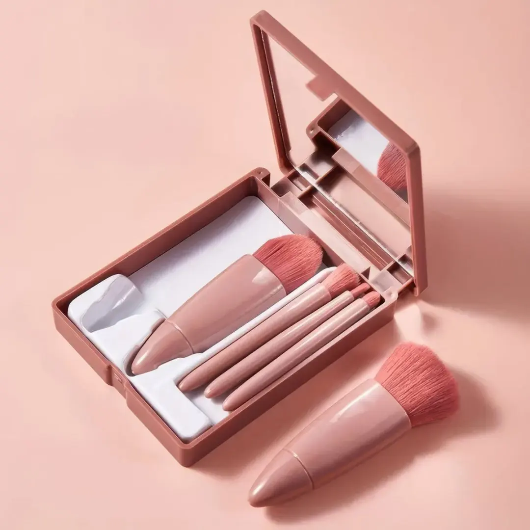 Mini Makeup Brush Set with Mirror, 5Pcs Soft Bristle Cosmetic Brushes, Portable Pink Beauty Tool for Blush Eyeshadow Foundation