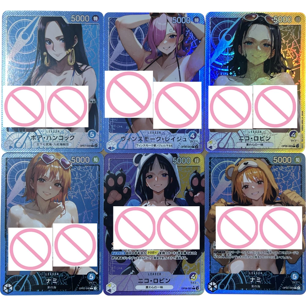 

6Pcs/set Anime OPCG Sexy Collection Cards Vinsmoke Reiju Boa Hancock Nami Big Chest Refractive Color Flash Card Gifts 63*88mm