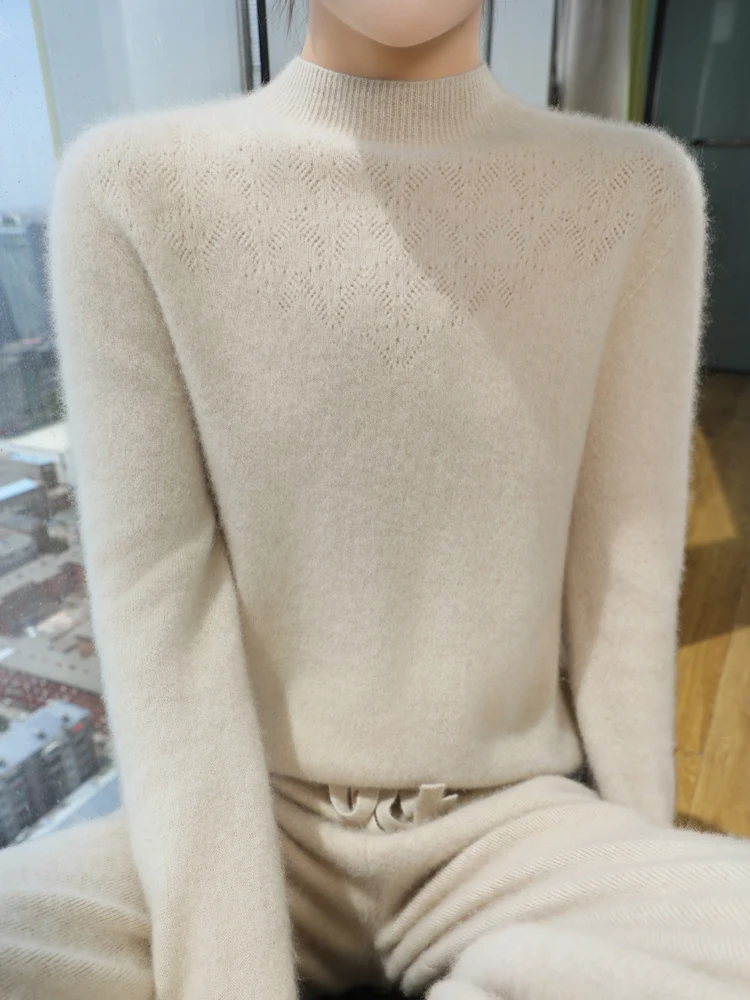 Autumn Winter Merino Wool Sweater Women Cashmere Half-high Collar Pullover Hollowed Jacquard Knitwear Female Bottoming Clothes