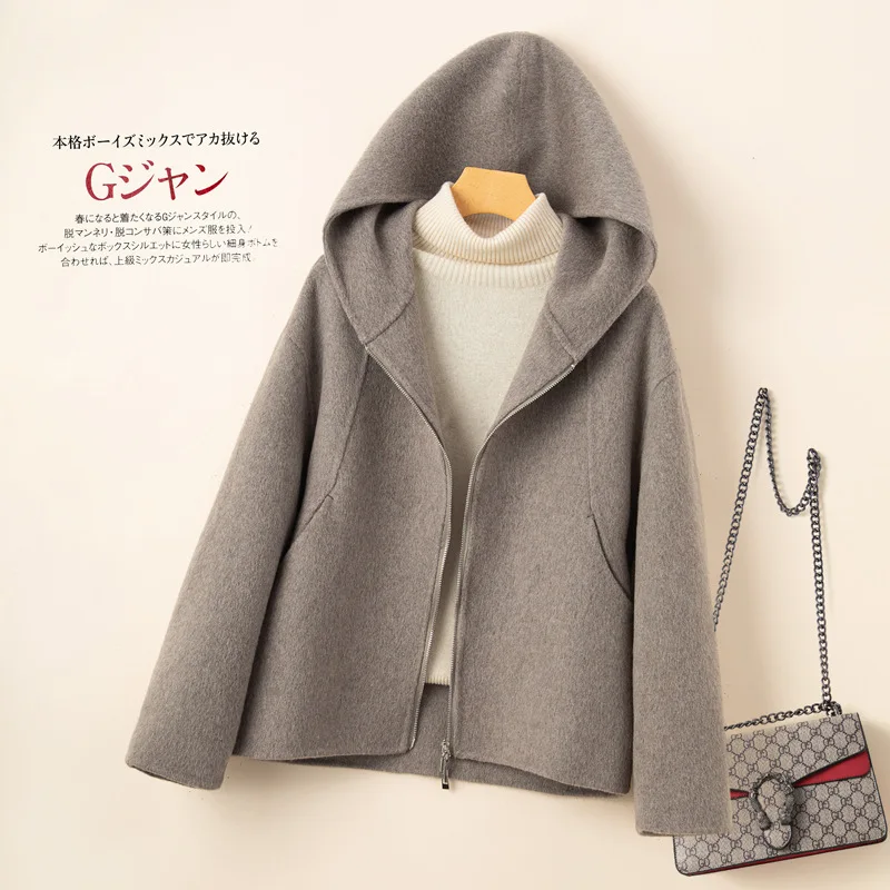 

Autumn Winter 2026 New Solid Color Hooded Short Woolen Coat Women Fashion Double Cashmere Wool Jacket Female Slim Outerwear