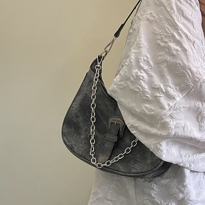 Retro Black Women\'s Small Shoulder Bag Fashion Half Moon Female Underarm Bag Chain Design Ladies Tote Purse Portable Handbag