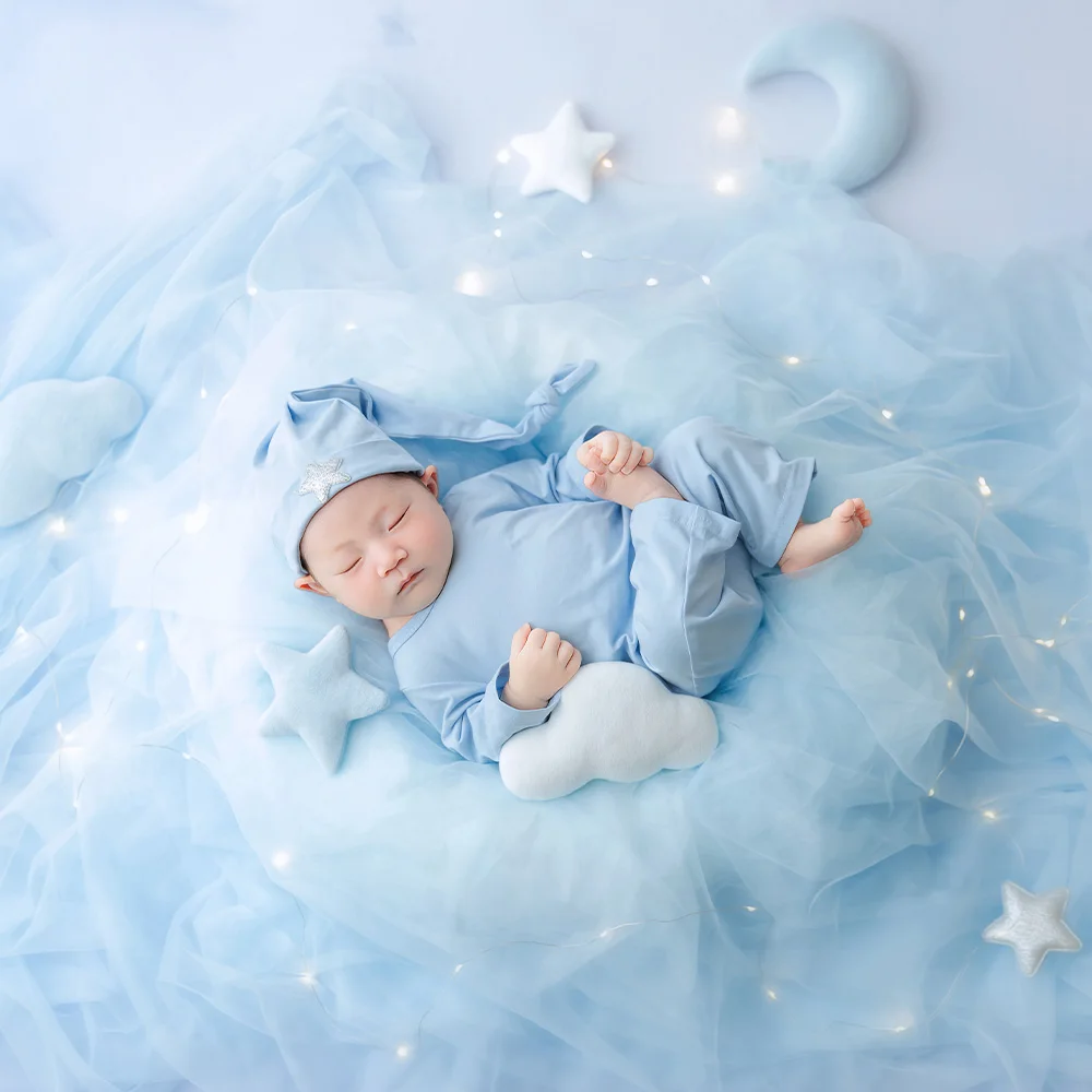 Newborn Lamb Costume Baby Photography Outfit Blue Sheep Hat Romper Set Infant Studio Photo Prop Clothes for Month Baby Shoot