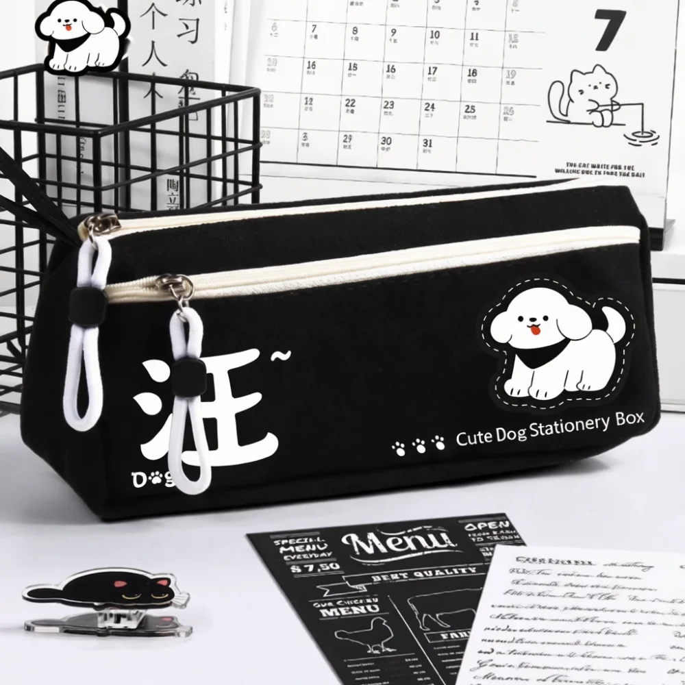 Large Stationery Organizer Pouch Cute Puppy Pattern Pencil Case Portable School Supplies Storage Box For Students Kids