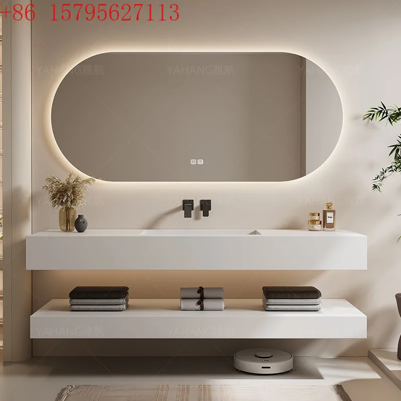 with light Slanted Basin Bathroom Vanity Set with  Integrated Stone Slab Single/Dual Basin Vanity luxury bathroom smart mirror