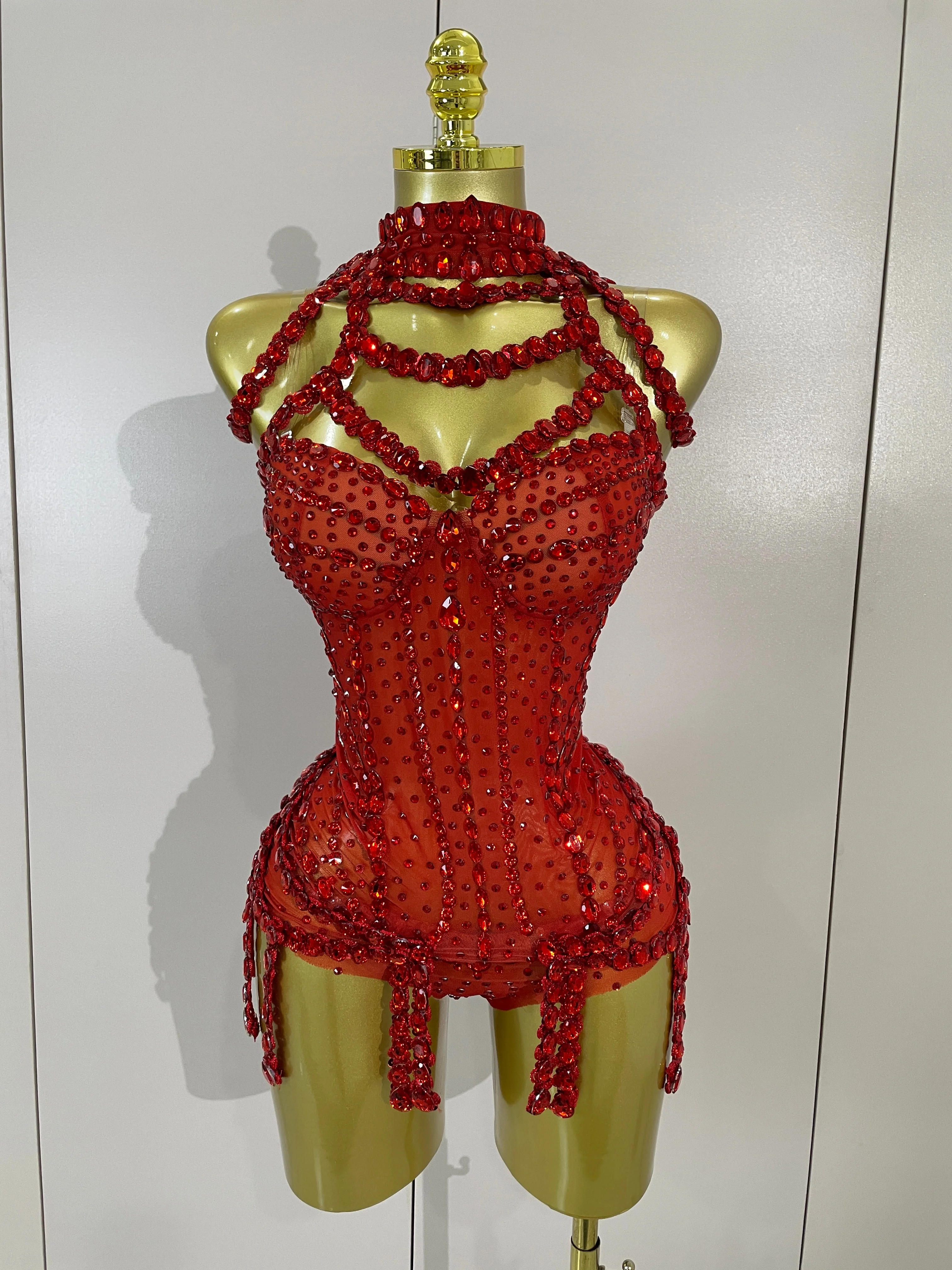 New Luxury Sparkly Red Rhinestones Stretch Bodysuit Women Birthday Party Nightclub Bar Singer Dancer Performance Stage Costume