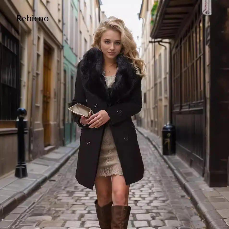 Womens Mid Length Wool Blend Outerwear Faux Fur Collar Double Breasted Closure Side Pockets Coat For Daily And Evening Outings