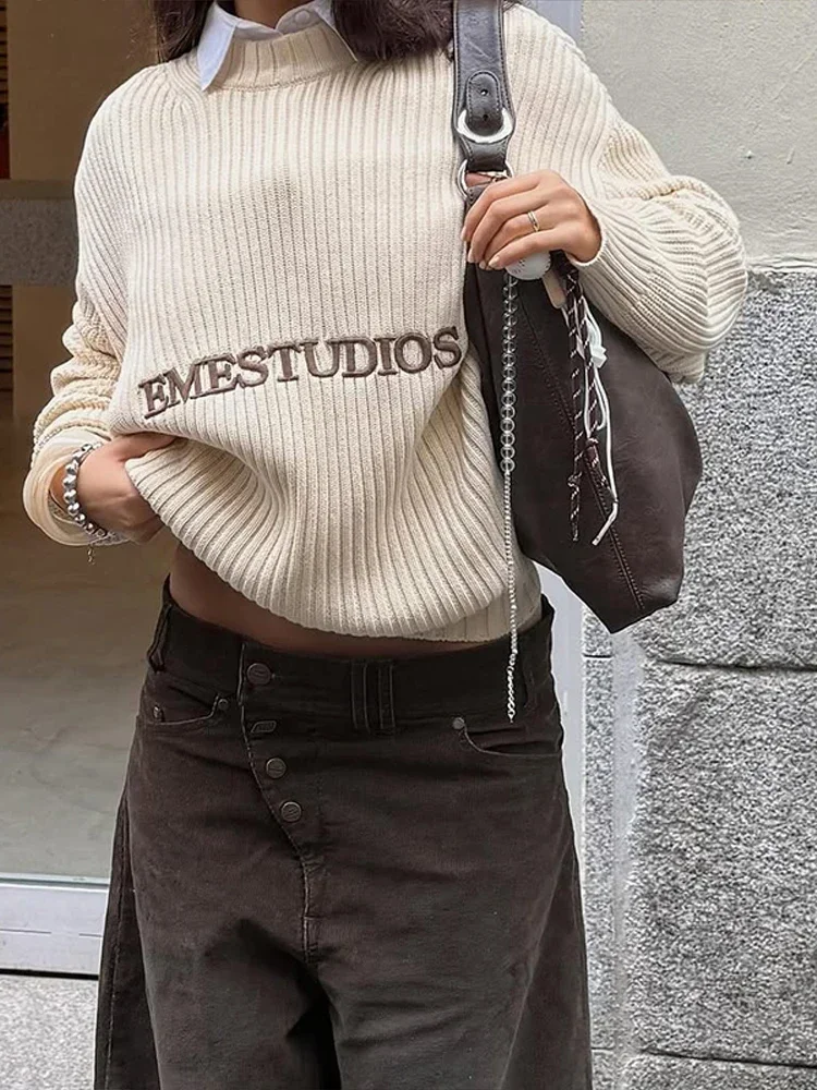 Letter Embroidered Women's Sweater Knit Oversize O-neck Long Sleeve Female Knitwear 2026 Spring Chic Casual Daily Pullover