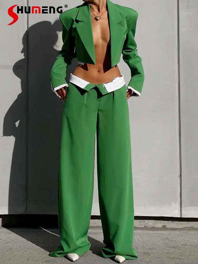 

Women's Suit 2024 Spring New Fashion Pant Sets Feminine Temperament Short Suit Jacket Contrast Color Trousers Two-Piece Suit