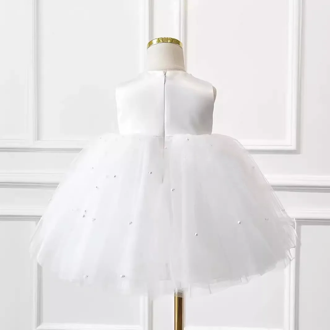 Baby Girls Flower Baptism Dress for Wedding White Tulle Beads 1st Birthday Party Princess Girl Dress Bridemaids Evening Costumes