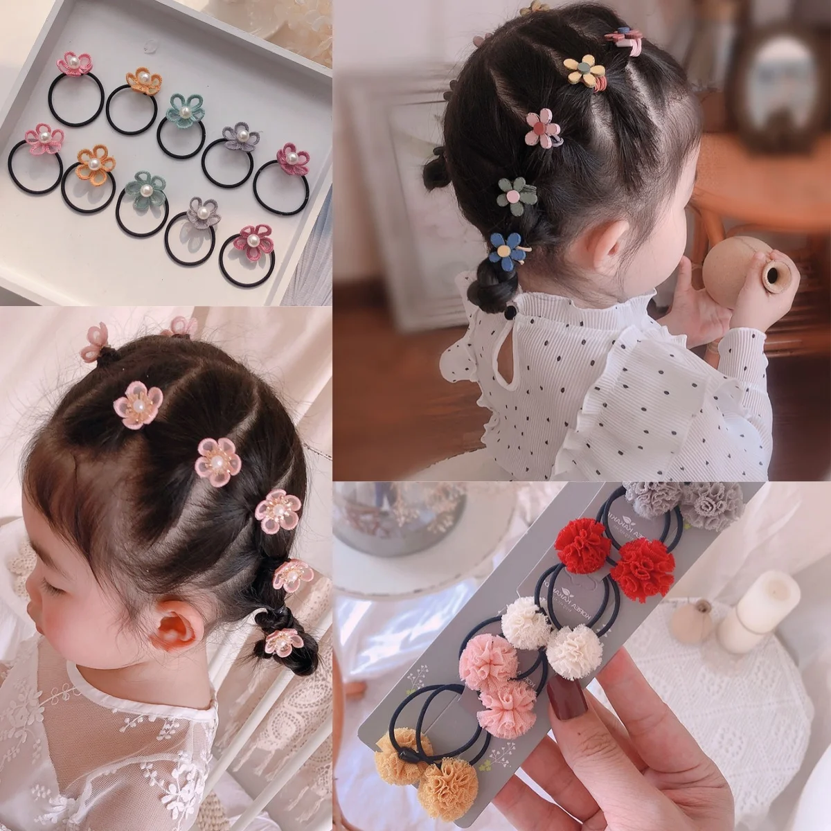 女の子用のプリンセスヘアバンド,木製の花,シフォンポンポン,ウールボールヘアロープ,子供用ヘッドドレス,1セットあたり10個