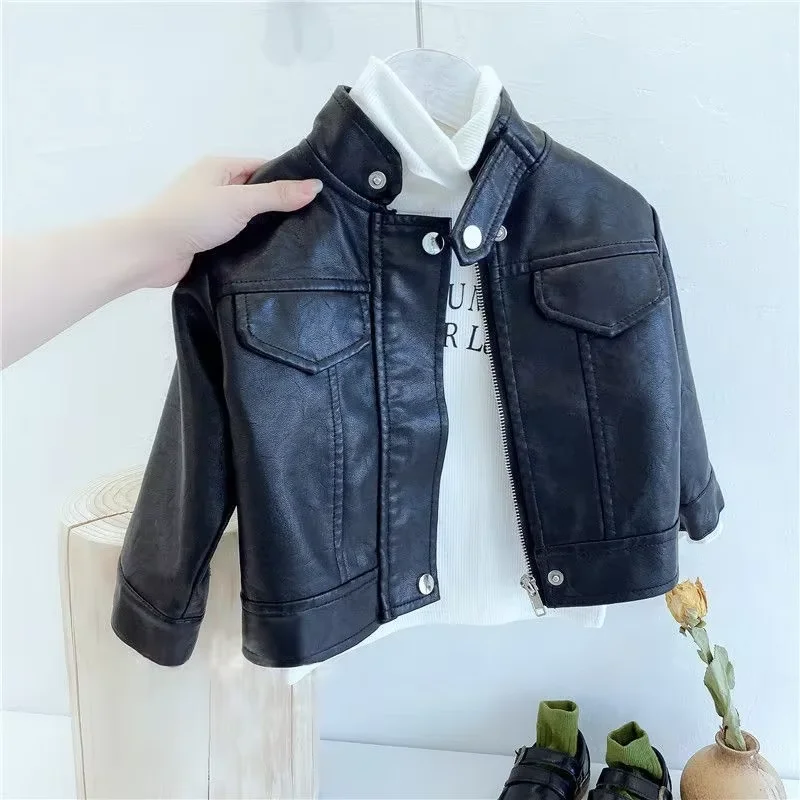 Boys Girls Leather Jackets Children Autumn Casual Outerwear Kids Spring Zipper Trends Coats Baby New Handsome Classics Clothing