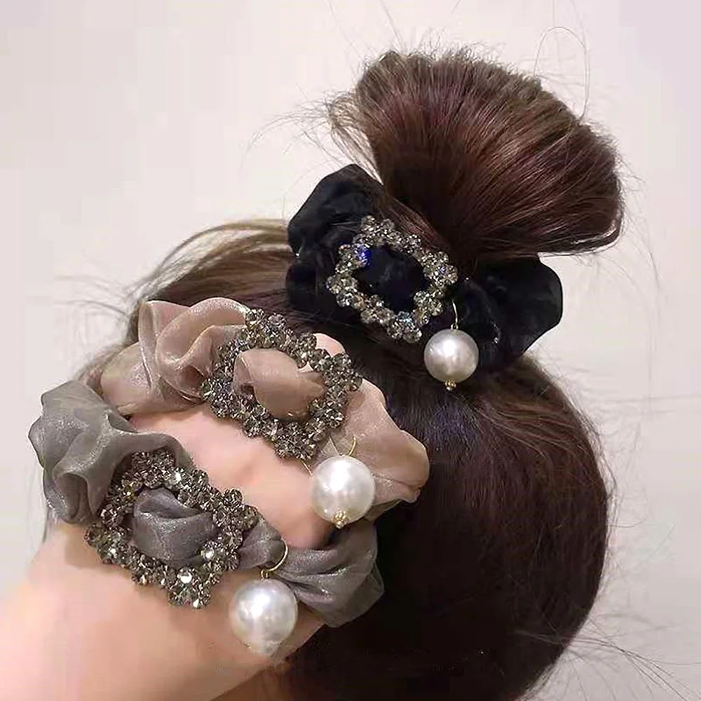 Elegant Organza Large Intestine Hair Ties Elastic Glitter Rhinestone Pearl Hair Ropes Women Ponytail Holder Rubber Hairbands