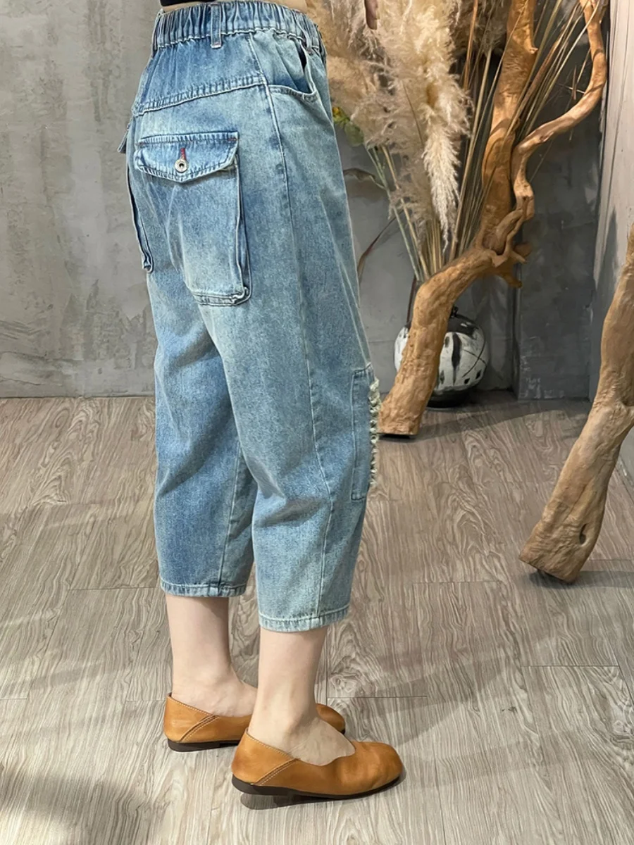 Retro Jeansy Denimowe z Wysokim Stanem, Postrzępionym Dołem, Spodnie Harlan, Letnie Cienkie, Duże Rozmiary, Odzież Damska, Vintage, Casual, Luźne...