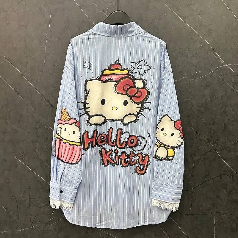 ハローキティトレンド女性のシャツストライプ長袖ルーズトップスかわいい女の子カジュアル Tシャツストリート原宿シャツ 2025 春