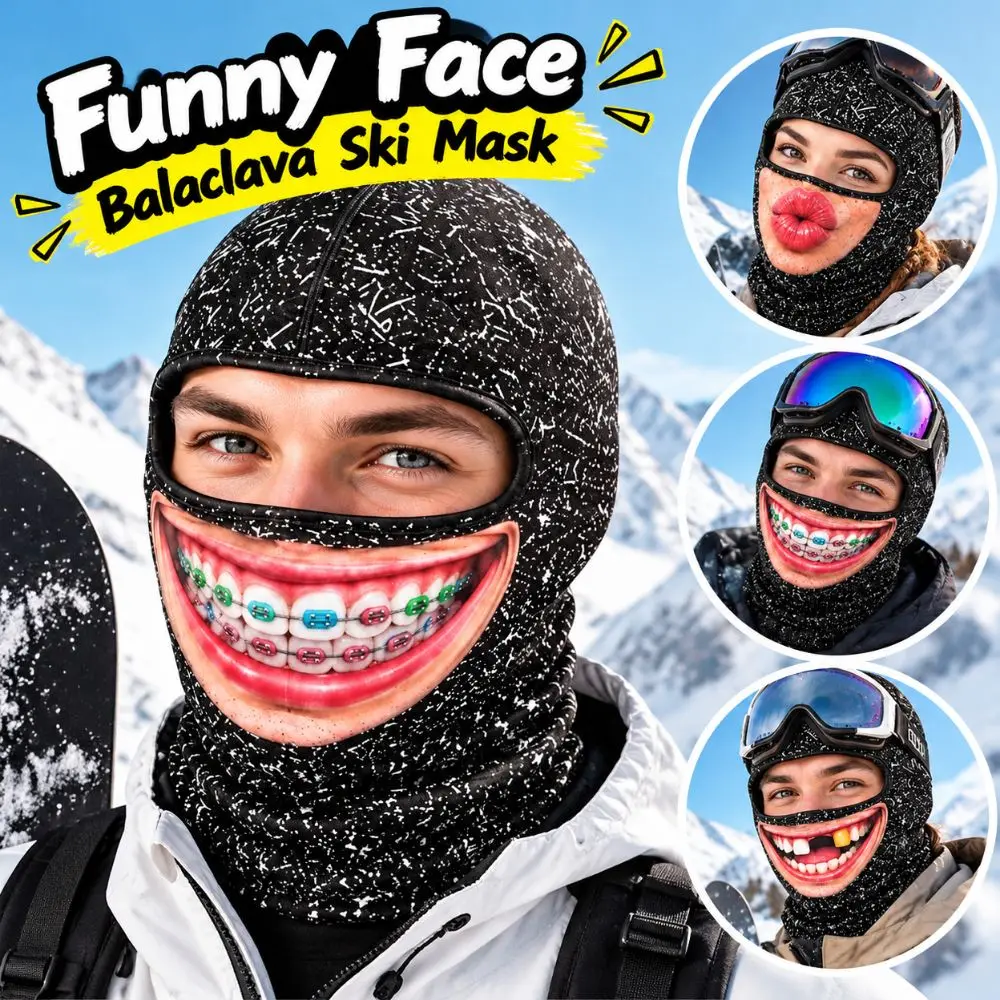 3D Face Printed Old Man Balaclava Face Mask Missing Teeth Pattern Breathable Eye Hole Winter Mask Cover Full Coverage Stretch