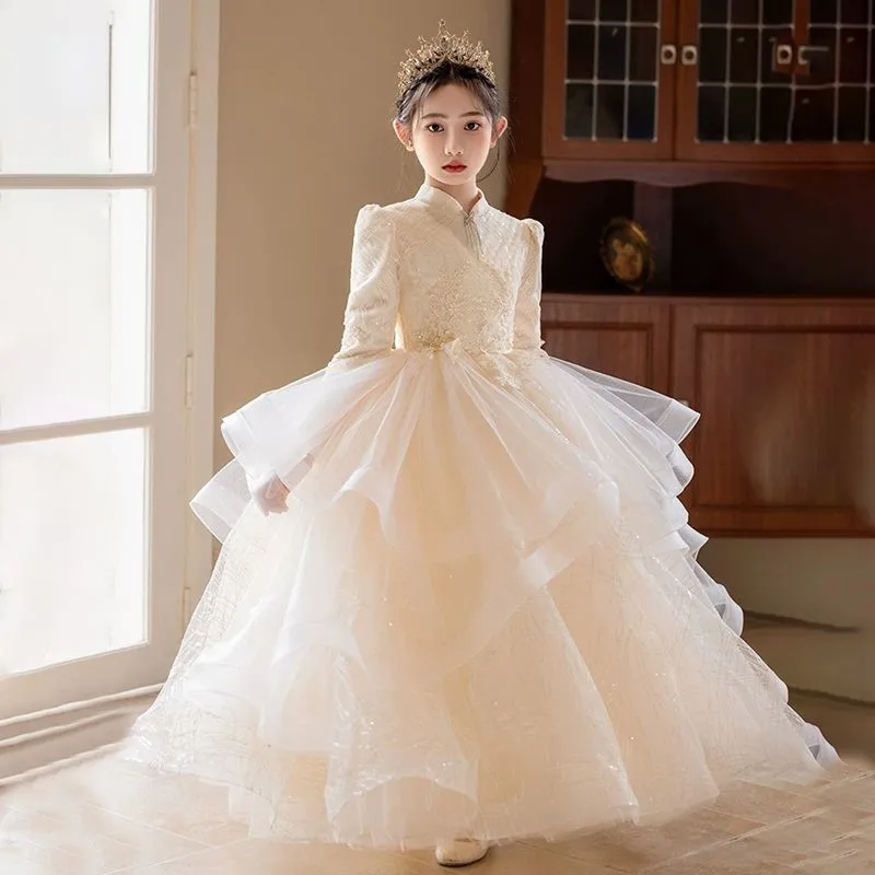 Girls' Autumn/Spring Piano Performance Costume Children's Light Luxury Long Sleeve Evening Dress Kids' Breathable Dress LI861