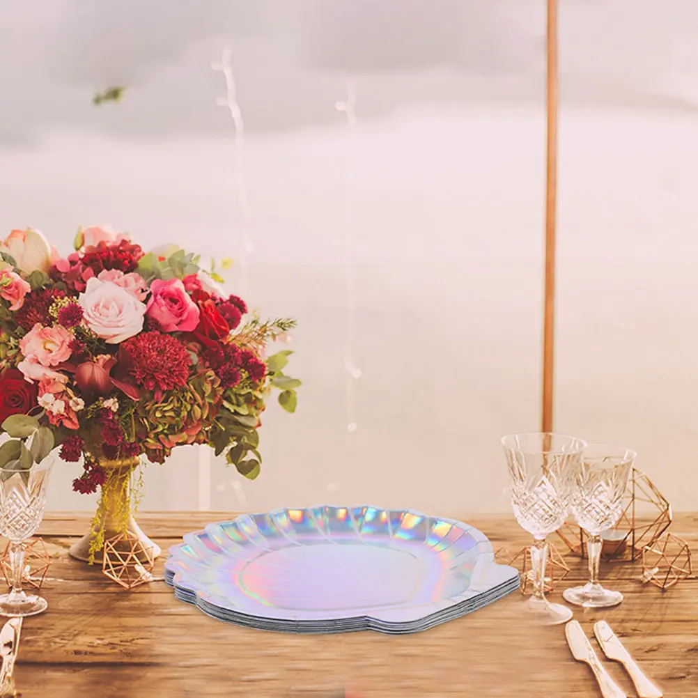 16Pcs Holographic Mermaid Themed Paper Plates Iridescent Shell Design Disposable Party Tableware for Birthday Beach Festival