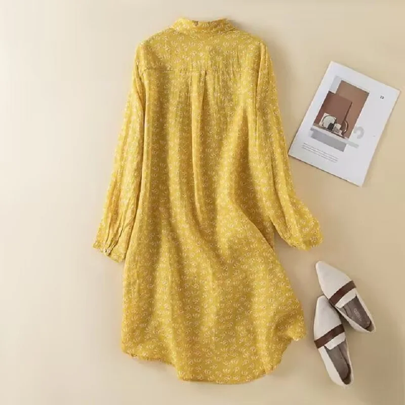여성용 면 및 린넨 프린트 노란색 드레스